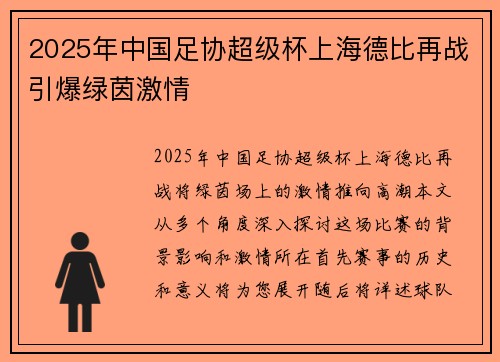 2025年中国足协超级杯上海德比再战引爆绿茵激情